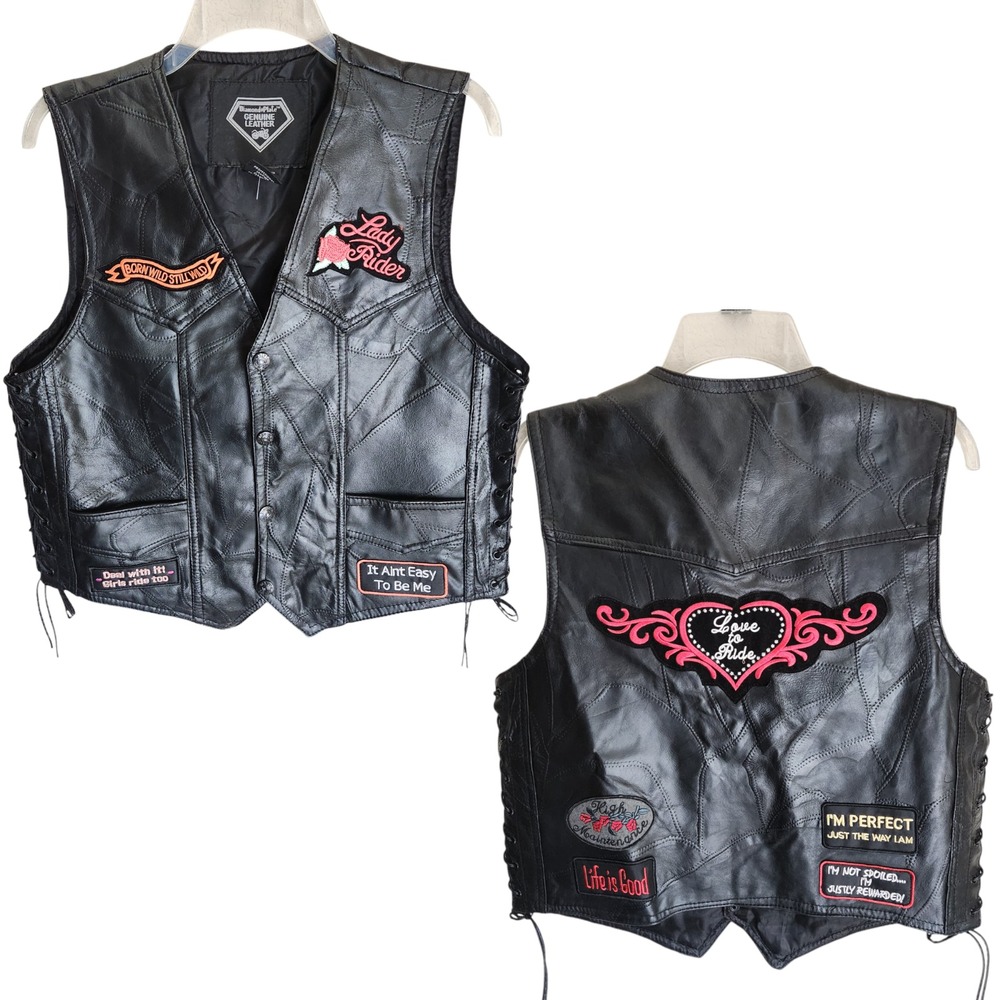 Diamond Plate Buffalo‎ Leather Jacket Moto Vest Black M Biker Heart USA Patches